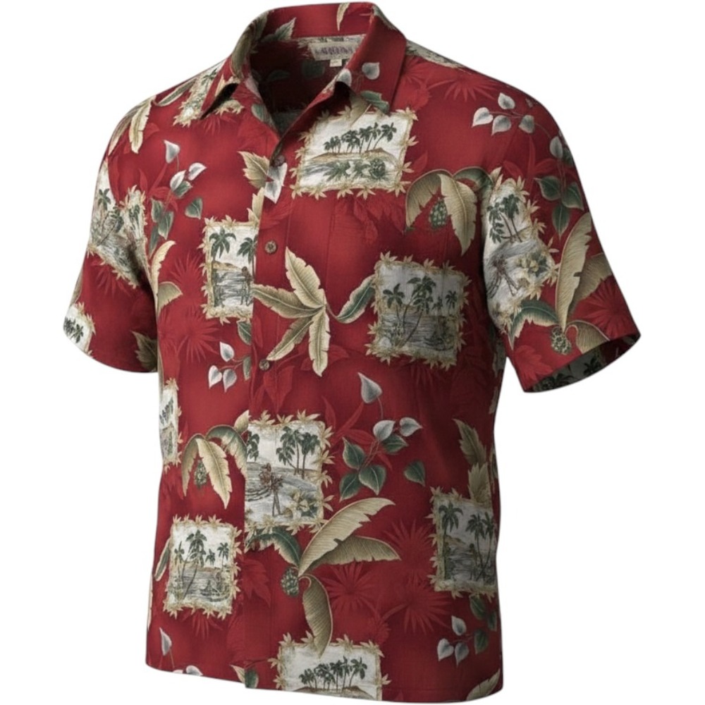 Campia Moda Hawaiian Shirt Mens Large Red Tropical Palm Tree Rayon‎ Button Down